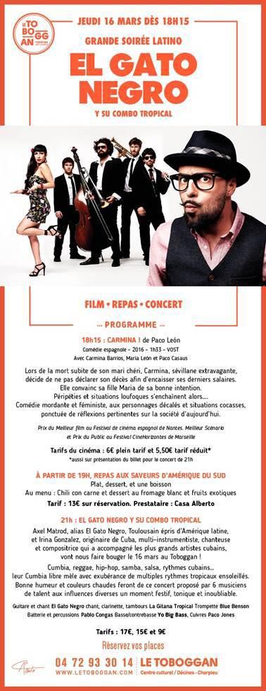 Soirée latino avec film et concert El Gato Negro au Toboggan/Décines le 16 mars